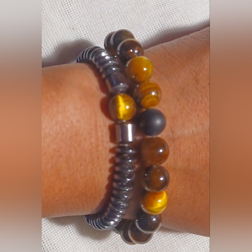 Mens Hematite and Tigers Eye Bracelet Set New